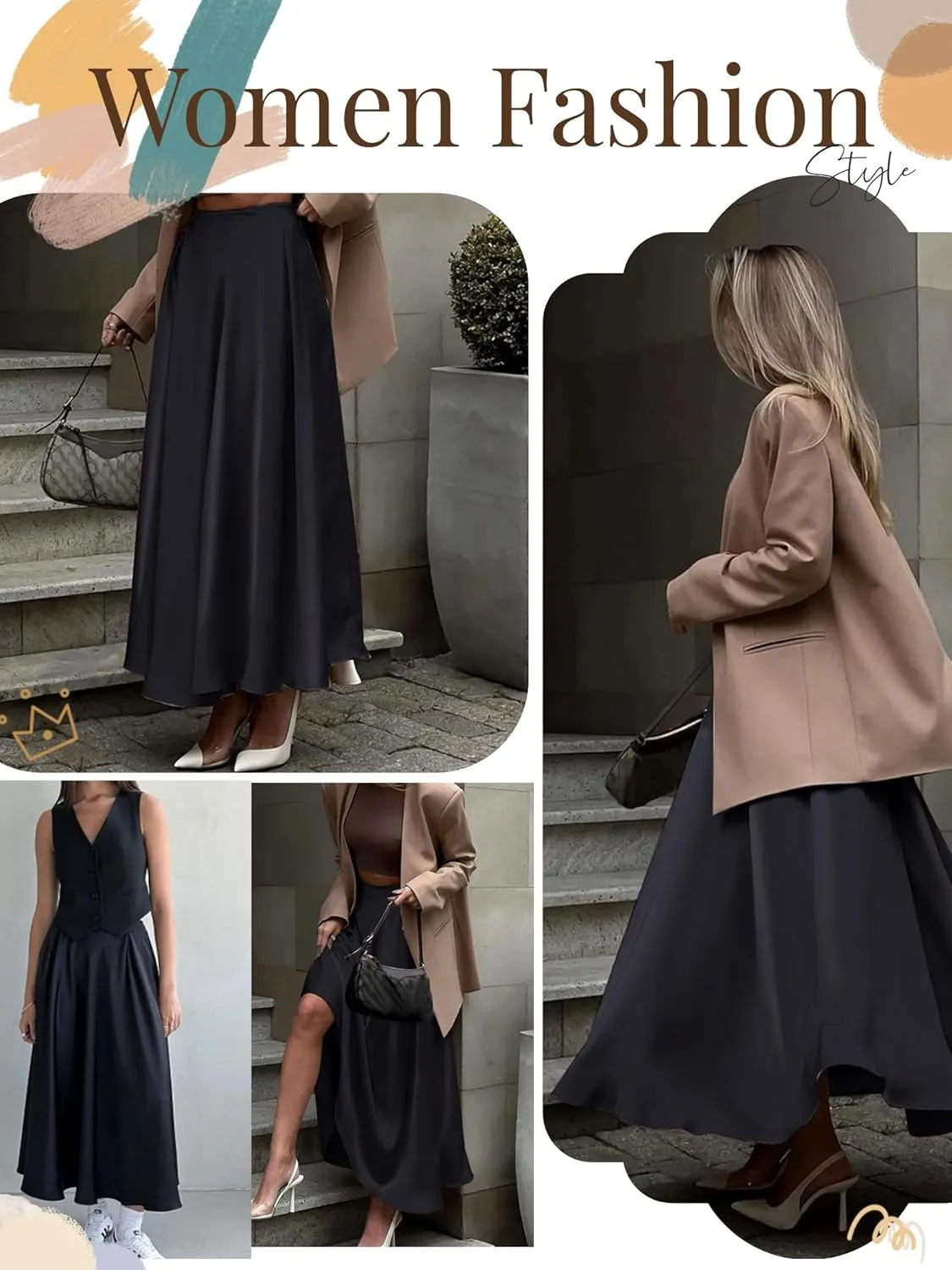Womens Satin High Waist Elastic Midi Skirt Satin Maxi Skirt Silk Elegant Long Trendy A-Line Midi Skirts