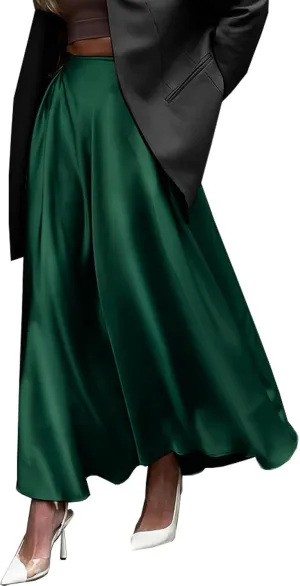 Womens Satin High Waist Elastic Midi Skirt Satin Maxi Skirt Silk Elegant Long Trendy A-Line Midi Skirts