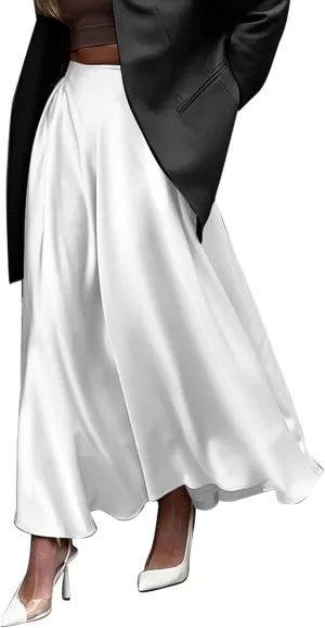 Womens Satin High Waist Elastic Midi Skirt Satin Maxi Skirt Silk Elegant Long Trendy A-Line Midi Skirts