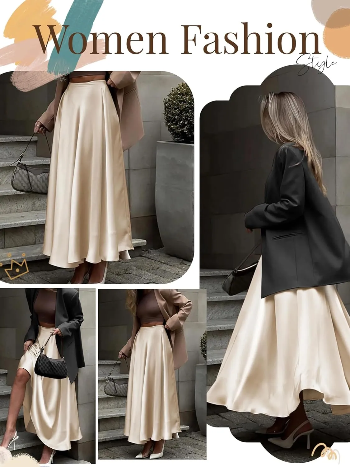 Womens Satin High Waist Elastic Midi Skirt Satin Maxi Skirt Silk Elegant Long Trendy A-Line Midi Skirts