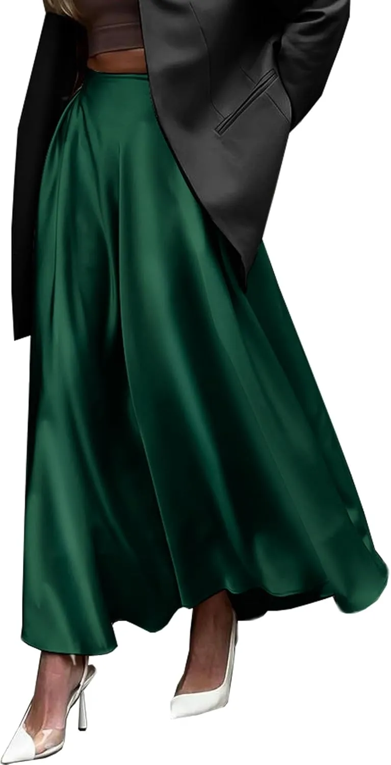 Womens Satin High Waist Elastic Midi Skirt Satin Maxi Skirt Silk Elegant Long Trendy A-Line Midi Skirts