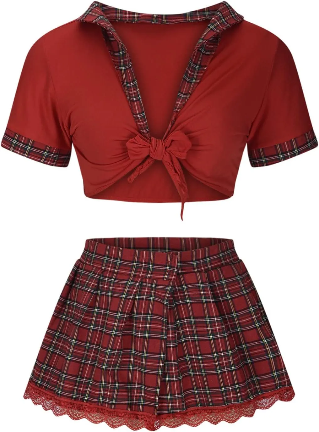 Women's Schoolgirl Lingerie Lace Up Crop Tops Mini Skirt Set Student Cosplay Costumes Sexy Roleplay Lingerie Suit