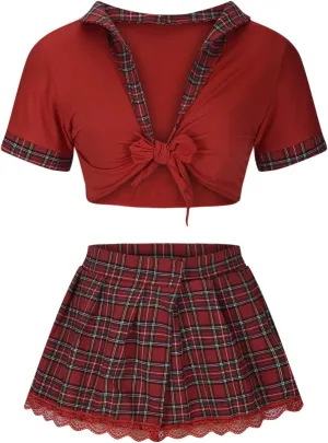 Women's Schoolgirl Lingerie Lace Up Crop Tops Mini Skirt Set Student Cosplay Costumes Sexy Roleplay Lingerie Suit