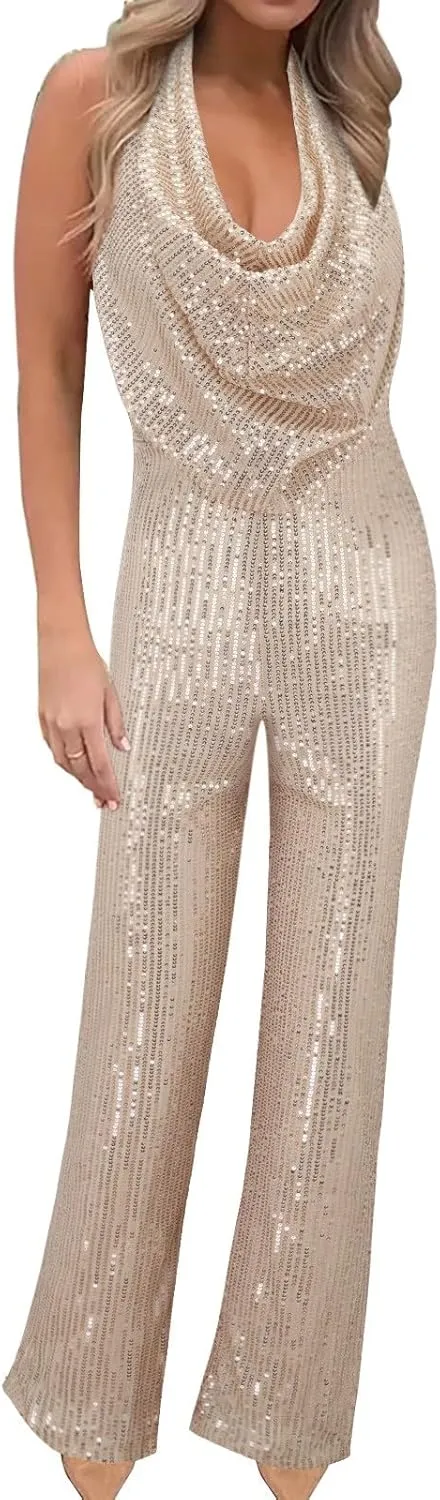 Women's Sexy Halter Cowl Neck Sparkly Jumpsuits Clubwear Sleeveless Elegant Sequins Bodycon Wide Leg Pants Rompers