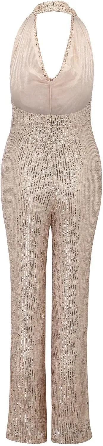 Women's Sexy Halter Cowl Neck Sparkly Jumpsuits Clubwear Sleeveless Elegant Sequins Bodycon Wide Leg Pants Rompers