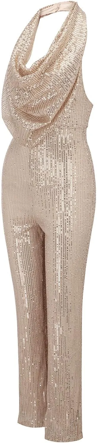 Women's Sexy Halter Cowl Neck Sparkly Jumpsuits Clubwear Sleeveless Elegant Sequins Bodycon Wide Leg Pants Rompers