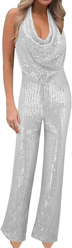 Women's Sexy Halter Cowl Neck Sparkly Jumpsuits Clubwear Sleeveless Elegant Sequins Bodycon Wide Leg Pants Rompers