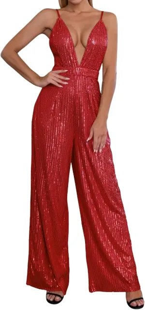 Women's Sexy Halter Cowl Neck Sparkly Jumpsuits Clubwear Sleeveless Elegant Sequins Bodycon Wide Leg Pants Rompers