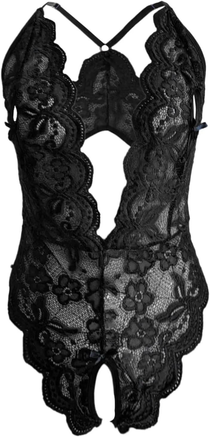 Women's Sexy Lingerie Lace Chemise Babydoll Nightie Wasit Mesh Plus Size Bodysuit Bow Tie Nightwear