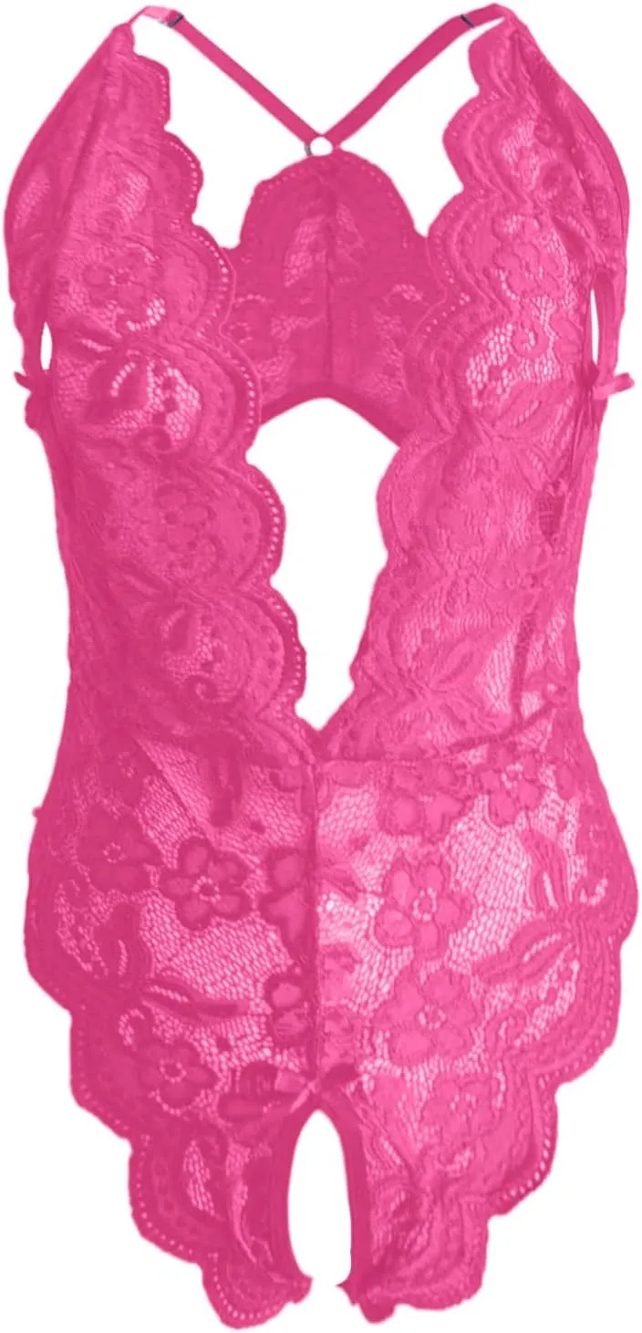 Women's Sexy Lingerie Lace Chemise Babydoll Nightie Wasit Mesh Plus Size Bodysuit Bow Tie Nightwear