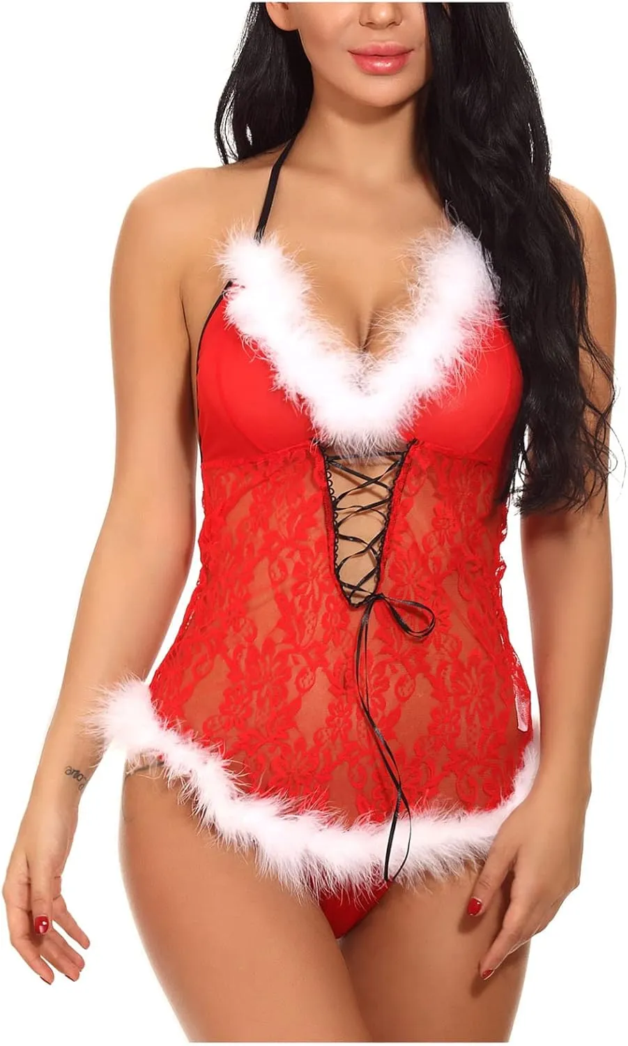 Women's Sexy Santa Christmas Lingerie Set Babydoll Lace Chemises Mesh See Through Cut Out Plush Xmas Naughty Sleepwear