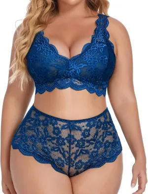 Women's Sexy Soft Lace Lingerie Set See Through Underwear Floral Lace Chain Babydoll Bra and Panty Sets 2 Piece