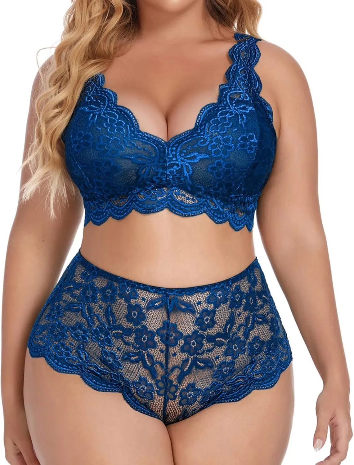 Women's Sexy Soft Lace Lingerie Set See Through Underwear Floral Lace Chain Babydoll Bra and Panty Sets 2 Piece