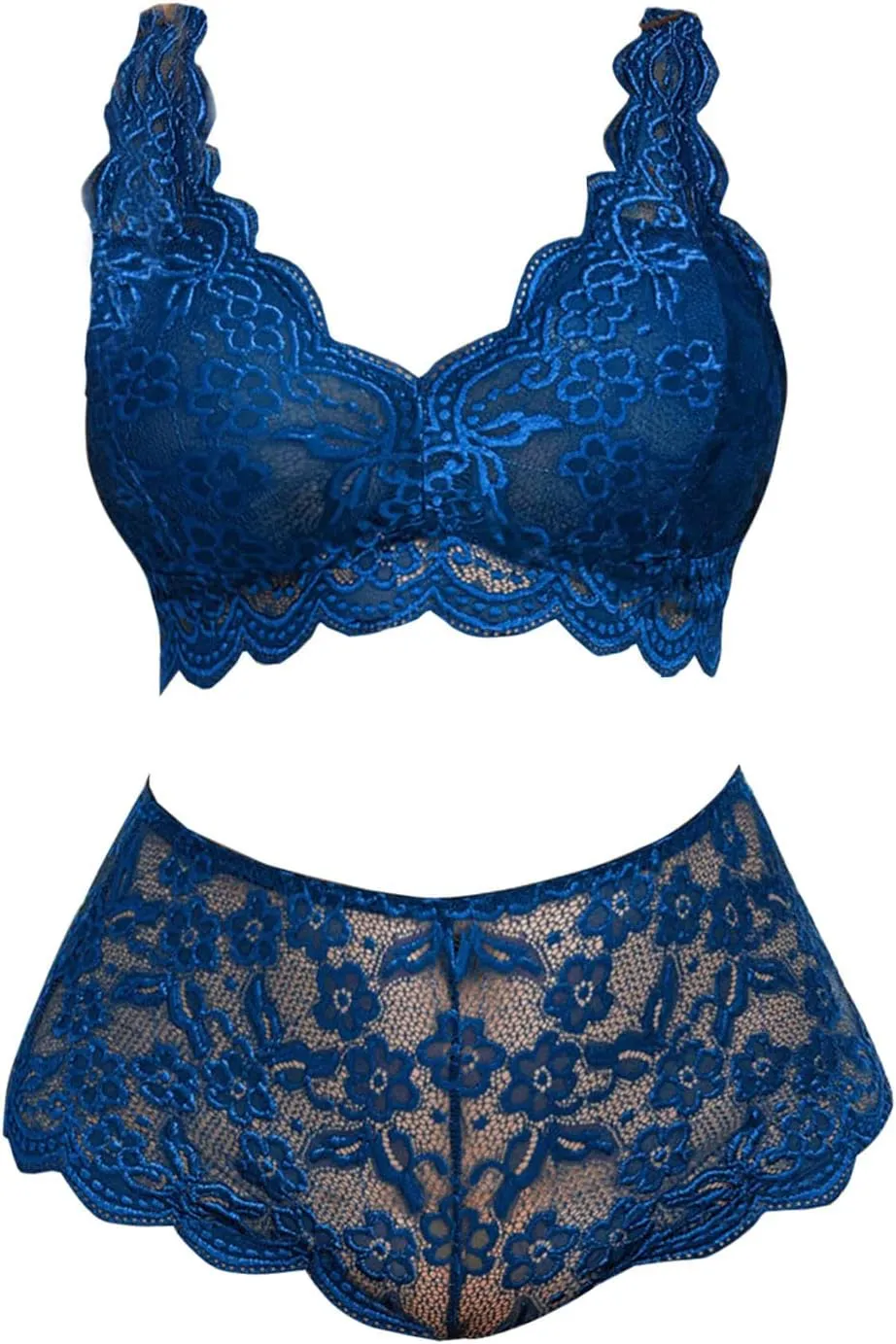 Women's Sexy Soft Lace Lingerie Set See Through Underwear Floral Lace Chain Babydoll Bra and Panty Sets 2 Piece