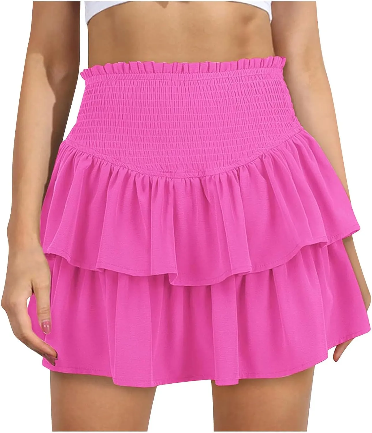 Womens Skorts Summer Casual Flowy Shorts A Line Elastic High Waist Mini Skirts Ruffle Tiered Layered Tennis Skirt