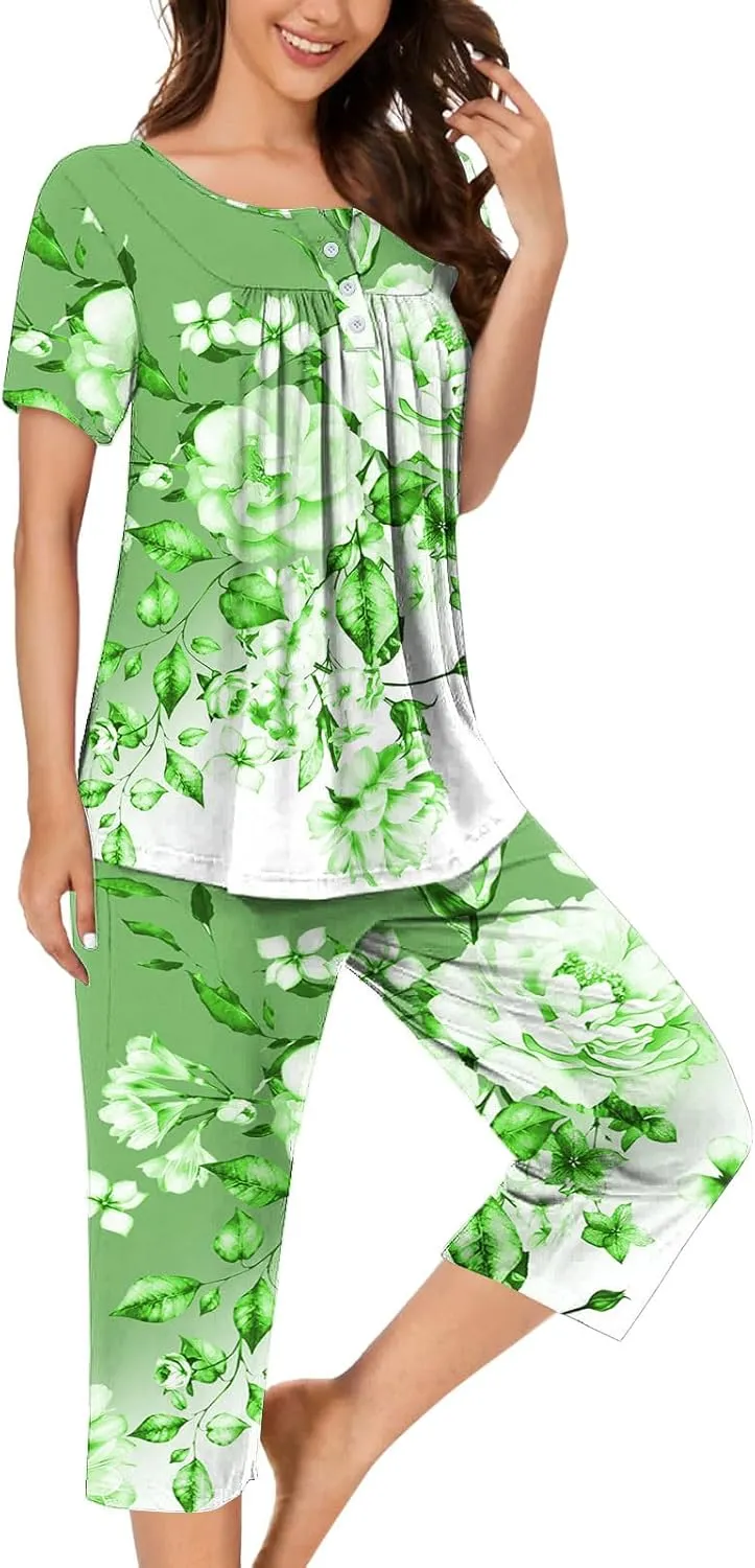 Women's Soft Comfy Pajamas Casual Lounge Sets Cute Short Sleeve Shirt Capri Pants PJS Matching Outfits Sleepwear