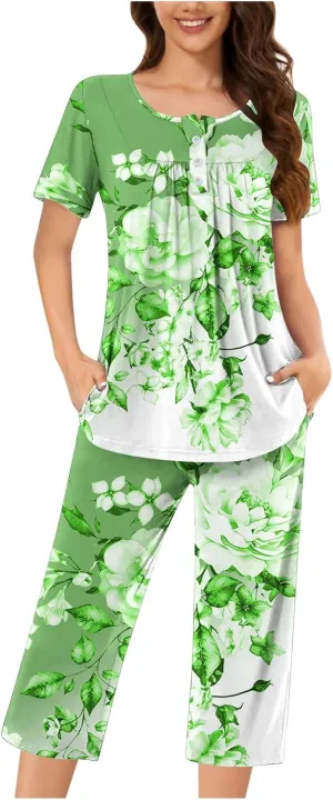 Women's Soft Comfy Pajamas Casual Lounge Sets Cute Short Sleeve Shirt Capri Pants PJS Matching Outfits Sleepwear