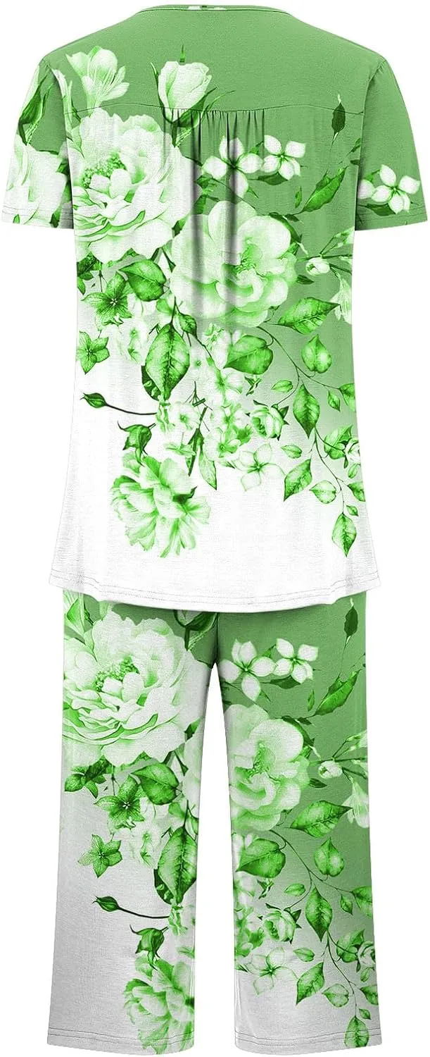 Women's Soft Comfy Pajamas Casual Lounge Sets Cute Short Sleeve Shirt Capri Pants PJS Matching Outfits Sleepwear