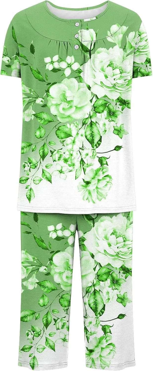 Women's Soft Comfy Pajamas Casual Lounge Sets Cute Short Sleeve Shirt Capri Pants PJS Matching Outfits Sleepwear