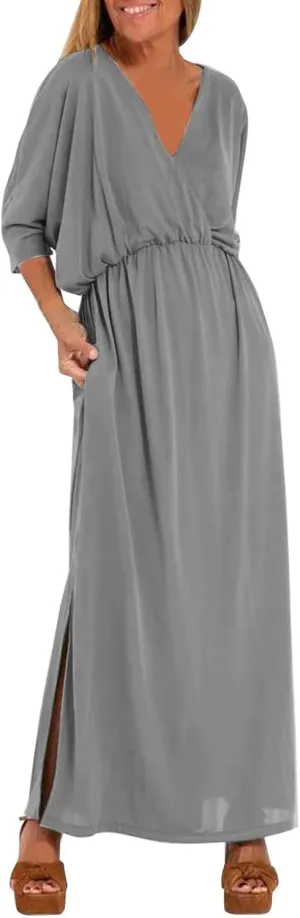 Women's Solid Color High Waist Slit Dress Holiday Beach Split Maxi Dresses Swimsuit Cover Up Flowy Midi Dress