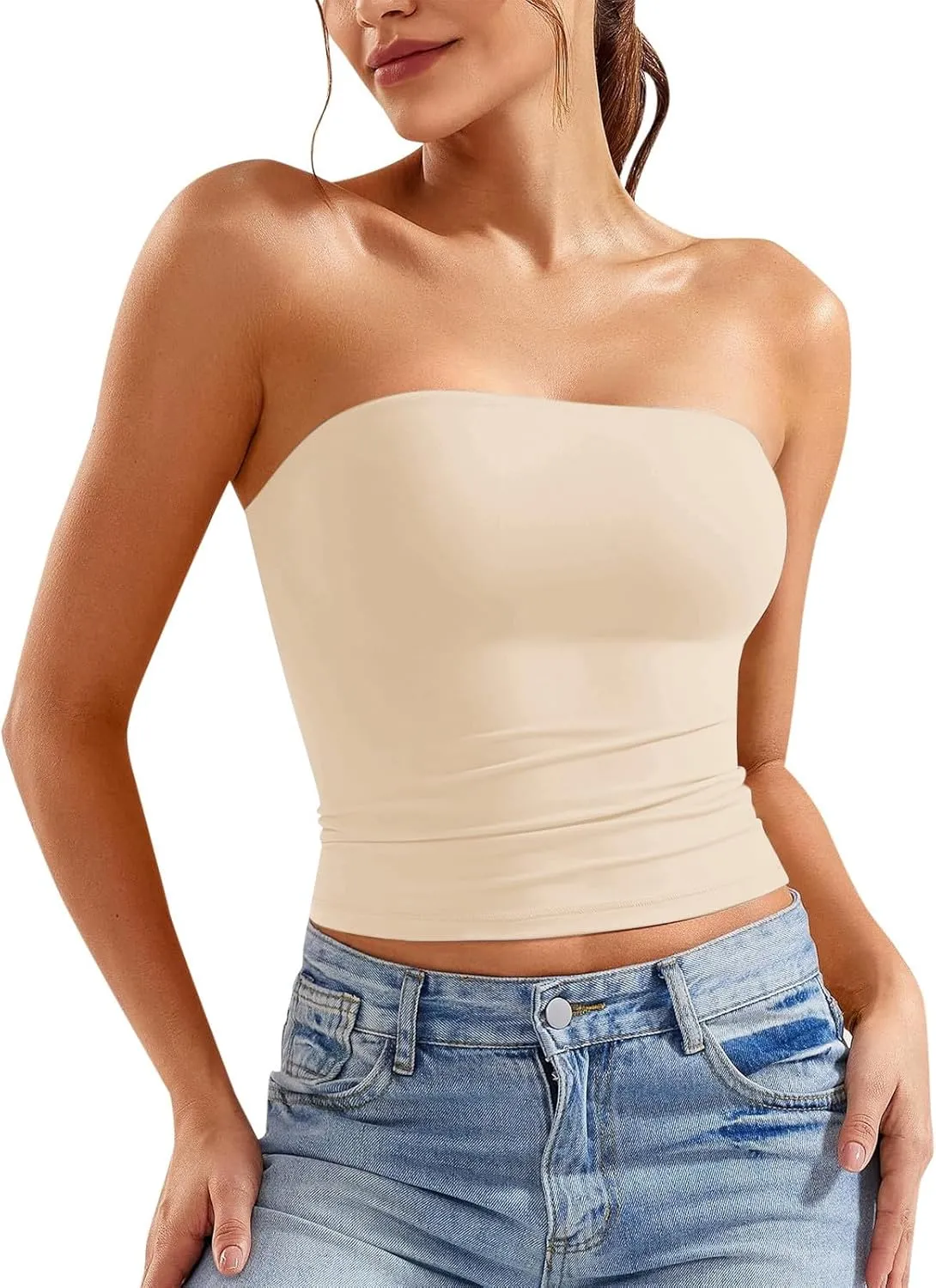 Womens Strapless Tube Tops Sexy Backless Sleeveless Bandeau Shirts Going Out Crop Top Summer Outfits 2025