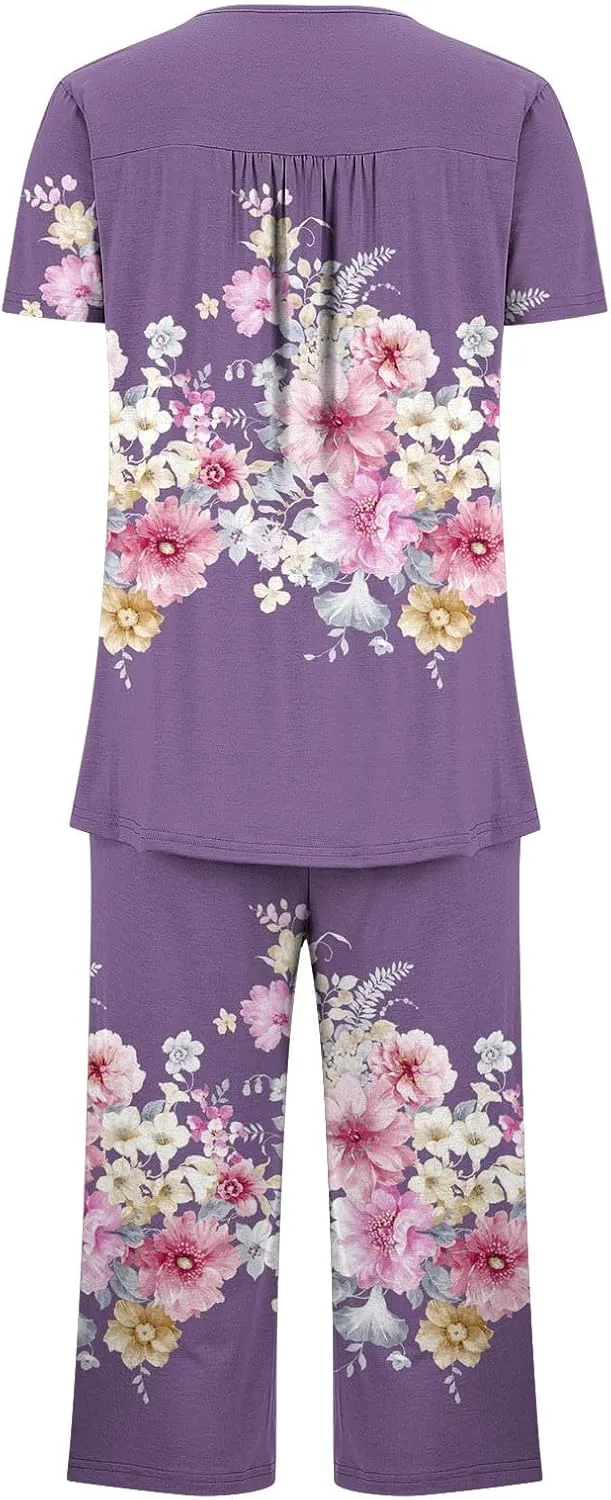 Womens Summer Outfits Casual Lounge Sleepwear Print Soft Crew Neck Short Sleeve Tops and Pants Capri Pajamas Sets