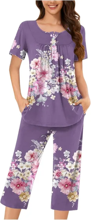 Womens Summer Outfits Casual Lounge Sleepwear Print Soft Crew Neck Short Sleeve Tops and Pants Capri Pajamas Sets
