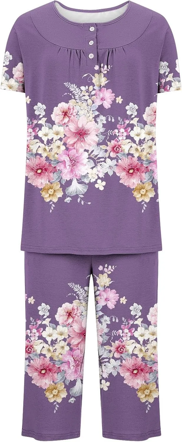 Womens Summer Outfits Casual Lounge Sleepwear Print Soft Crew Neck Short Sleeve Tops and Pants Capri Pajamas Sets