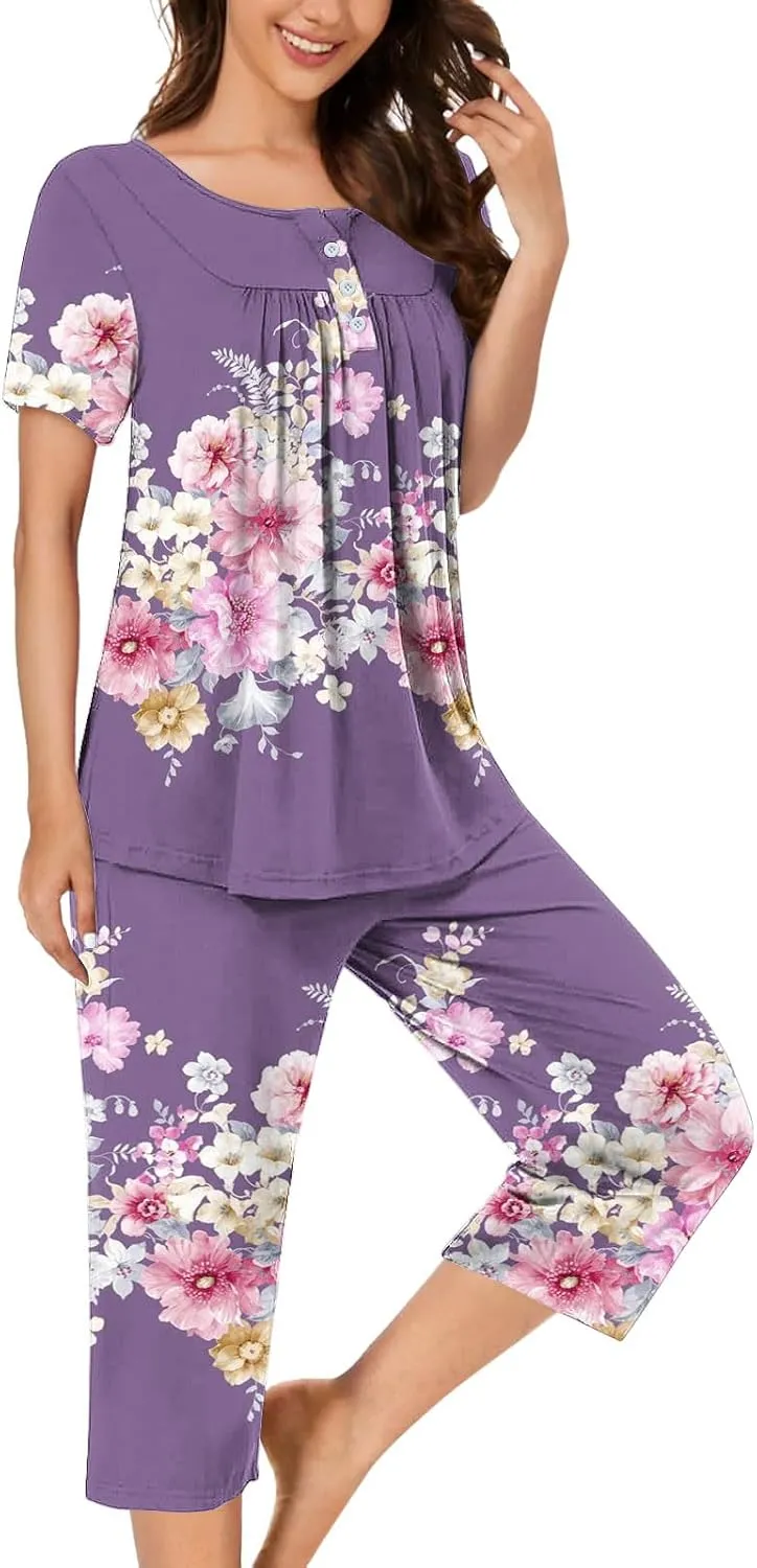 Womens Summer Outfits Casual Lounge Sleepwear Print Soft Crew Neck Short Sleeve Tops and Pants Capri Pajamas Sets