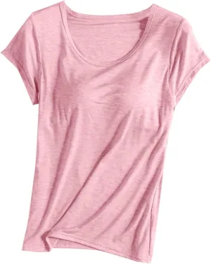 Women's T Shirt with Built-in Bra Short Sleeve Shirts Padded Active Tee Comfy Athletic Shelf Bras Yoga Workout Shirt