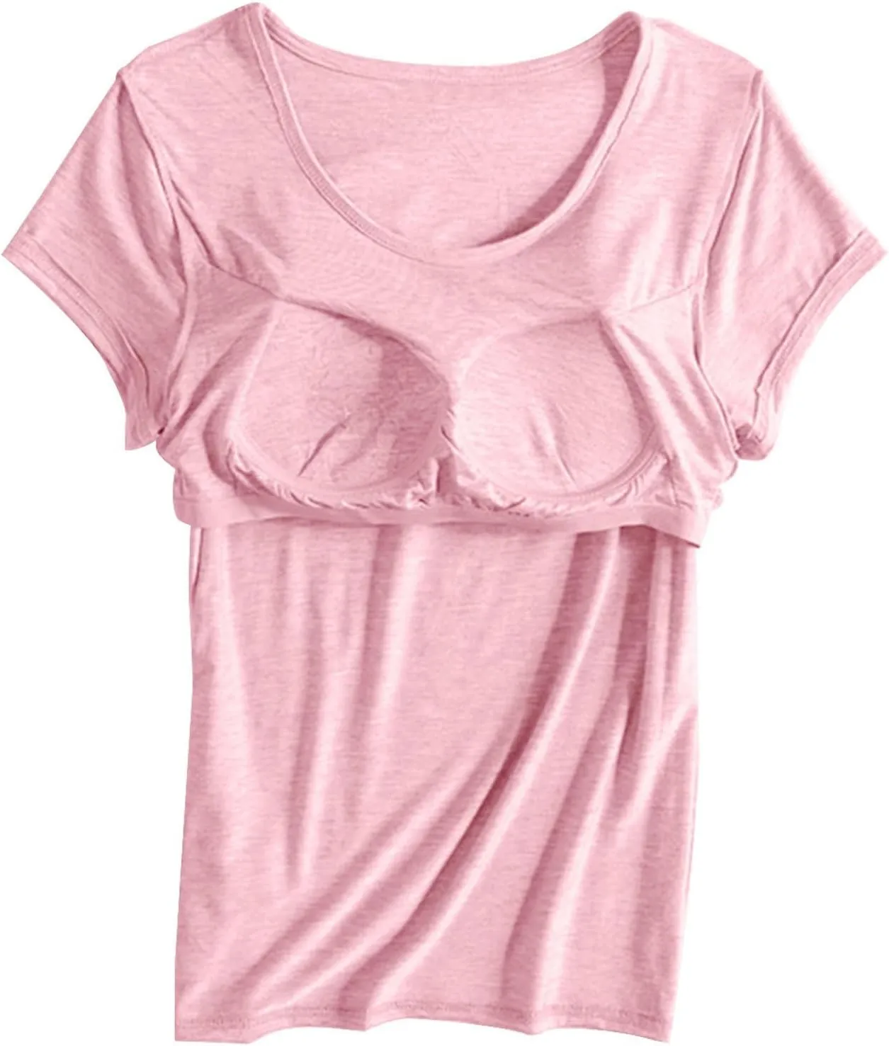 Women's T Shirt with Built-in Bra Short Sleeve Shirts Padded Active Tee Comfy Athletic Shelf Bras Yoga Workout Shirt