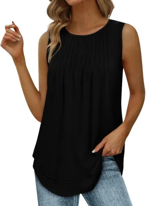 Womens Tank Tops Loose Fit Dressy Casual Sleeveless Shirt Summer Round Neck Pleated Front Tshirts with Curved Hem