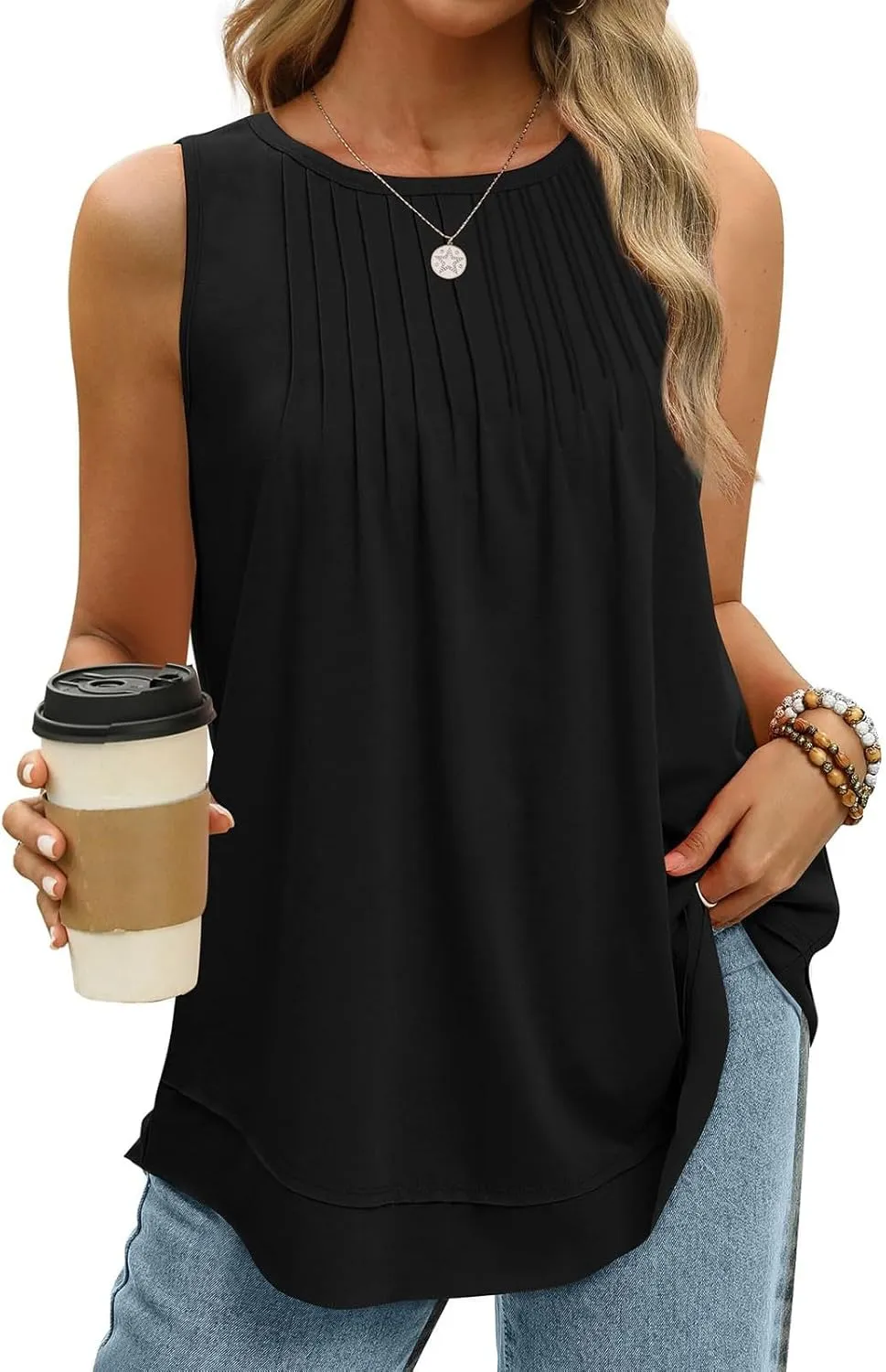 Womens Tank Tops Loose Fit Dressy Casual Sleeveless Shirt Summer Round Neck Pleated Front Tshirts with Curved Hem