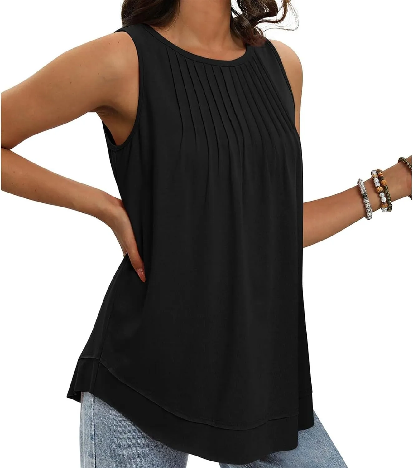 Womens Tank Tops Loose Fit Dressy Casual Sleeveless Shirt Summer Round Neck Pleated Front Tshirts with Curved Hem