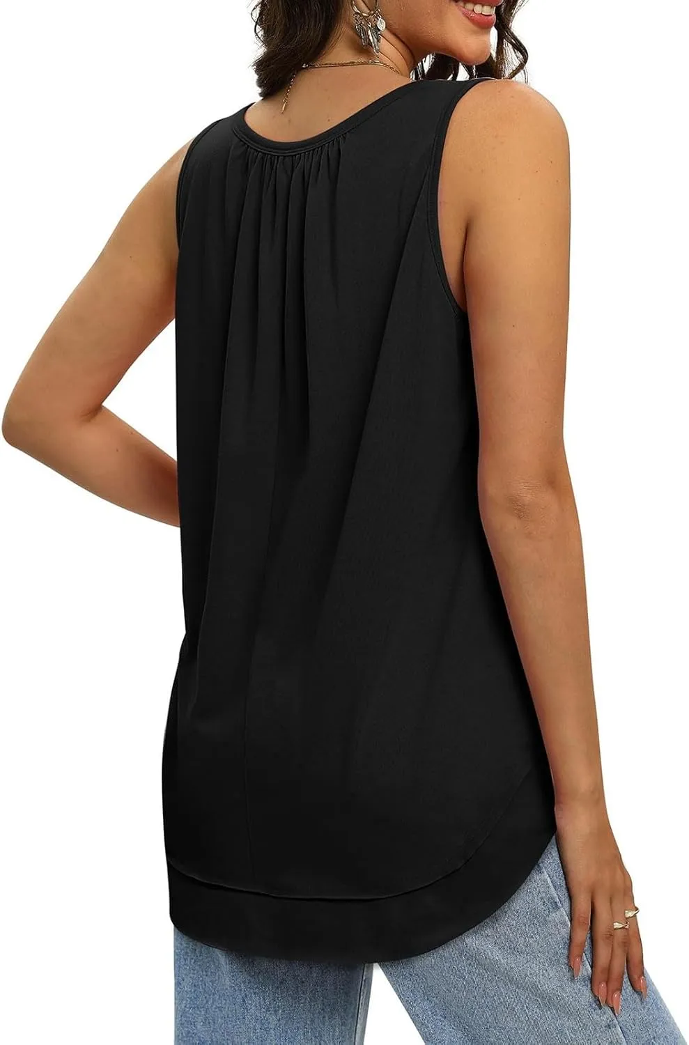 Womens Tank Tops Loose Fit Dressy Casual Sleeveless Shirt Summer Round Neck Pleated Front Tshirts with Curved Hem