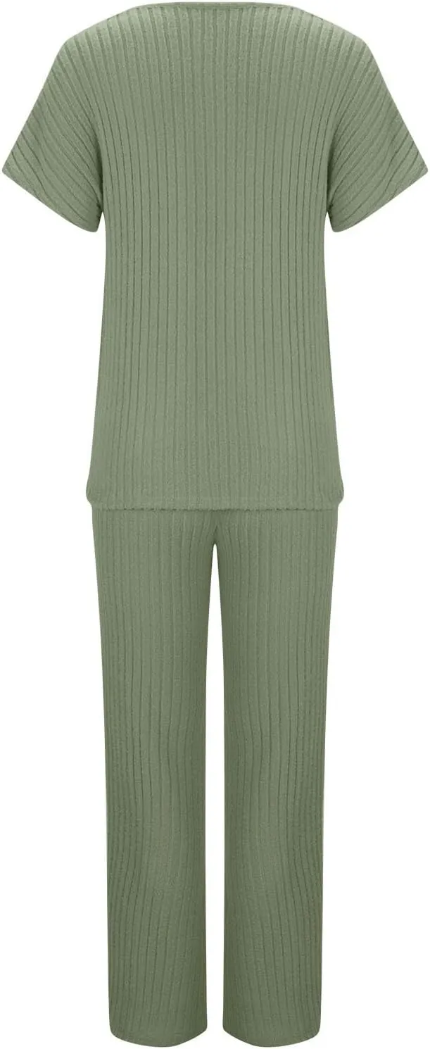 Womens Two Piece Outfits Lounge Sets Short Sleeve Tops Pants Matching Ribbed Knit Tracksuit Travel Clothes Sets 2025