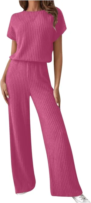 Womens Two Piece Outfits Lounge Sets Short Sleeve Tops Pants Matching Ribbed Knit Tracksuit Travel Clothes Sets 2025