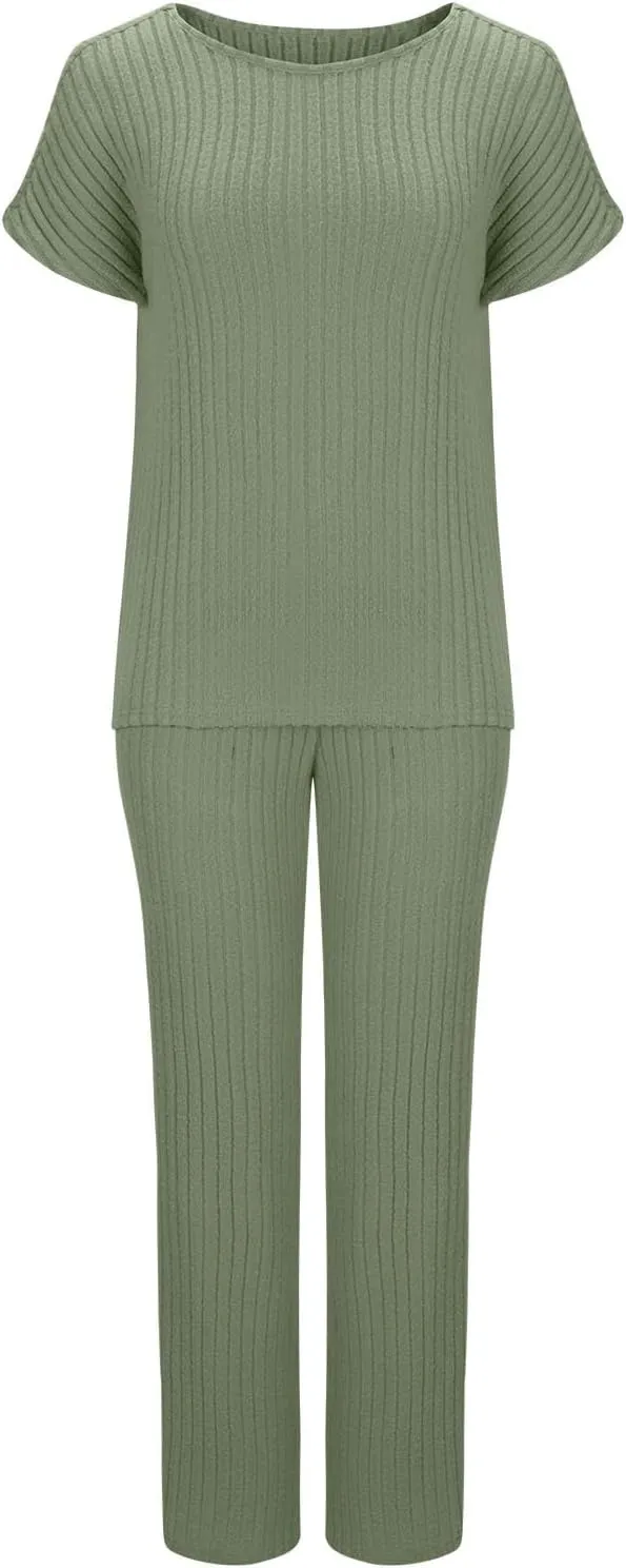 Womens Two Piece Outfits Lounge Sets Short Sleeve Tops Pants Matching Ribbed Knit Tracksuit Travel Clothes Sets 2025