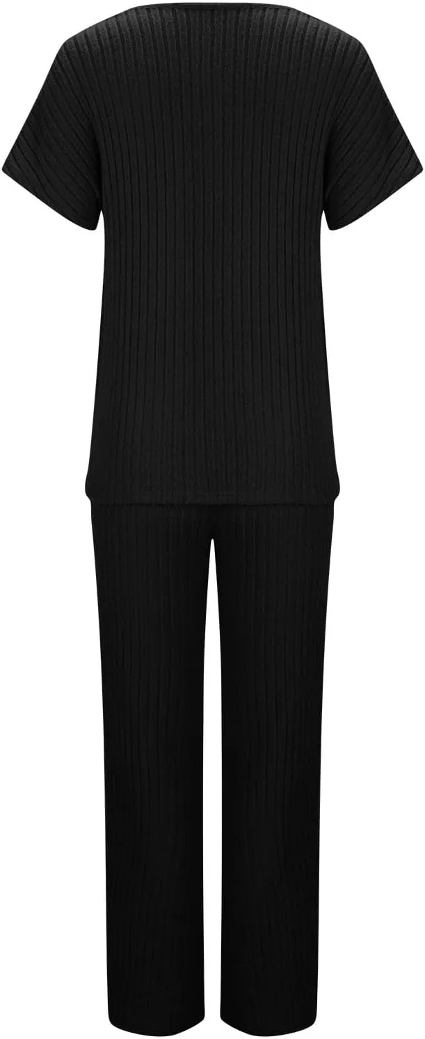 Womens Two Piece Outfits Lounge Sets Short Sleeve Tops Pants Matching Ribbed Knit Tracksuit Travel Clothes Sets 2025