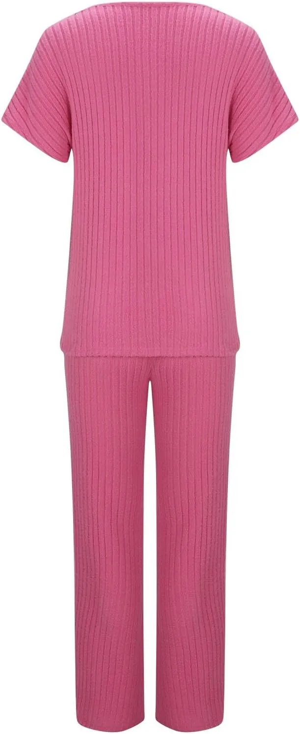 Womens Two Piece Outfits Lounge Sets Short Sleeve Tops Pants Matching Ribbed Knit Tracksuit Travel Clothes Sets 2025