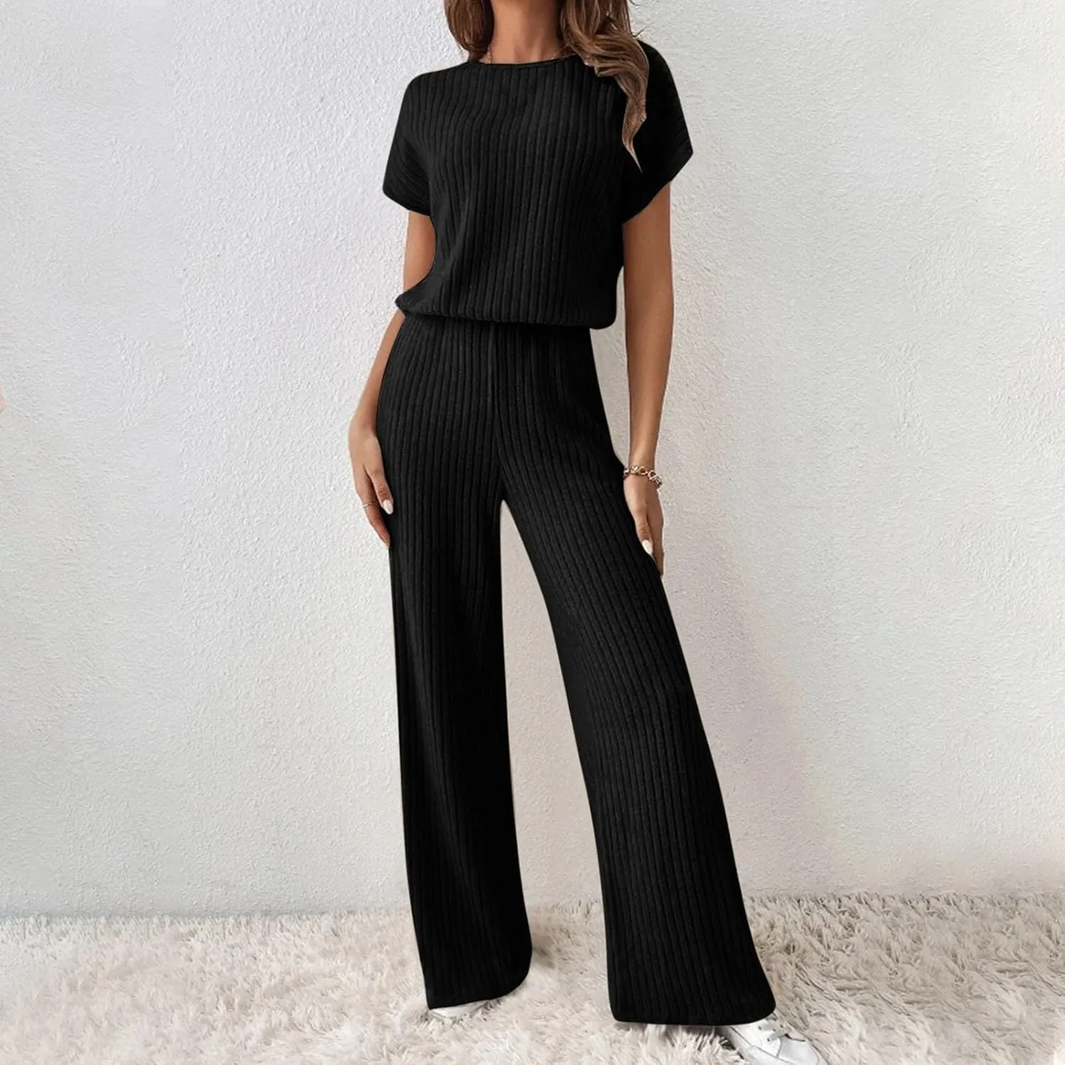 Womens Two Piece Outfits Lounge Sets Short Sleeve Tops Pants Matching Ribbed Knit Tracksuit Travel Clothes Sets 2025