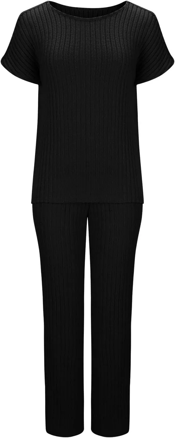 Womens Two Piece Outfits Lounge Sets Short Sleeve Tops Pants Matching Ribbed Knit Tracksuit Travel Clothes Sets 2025