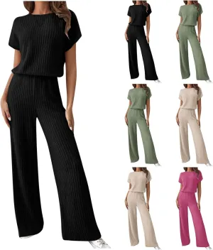 Womens Two Piece Outfits Lounge Sets Short Sleeve Tops Pants Matching Ribbed Knit Tracksuit Travel Clothes Sets 2025