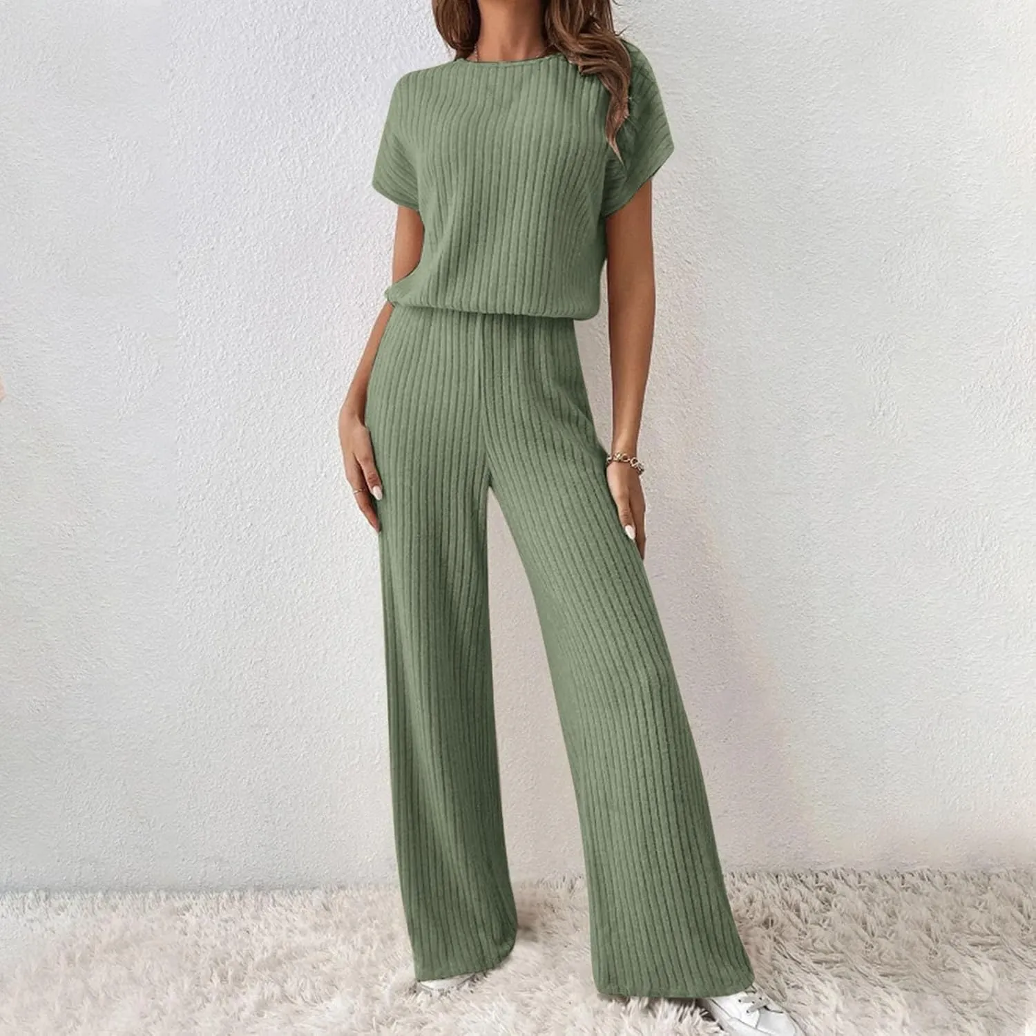 Womens Two Piece Outfits Lounge Sets Short Sleeve Tops Pants Matching Ribbed Knit Tracksuit Travel Clothes Sets 2025