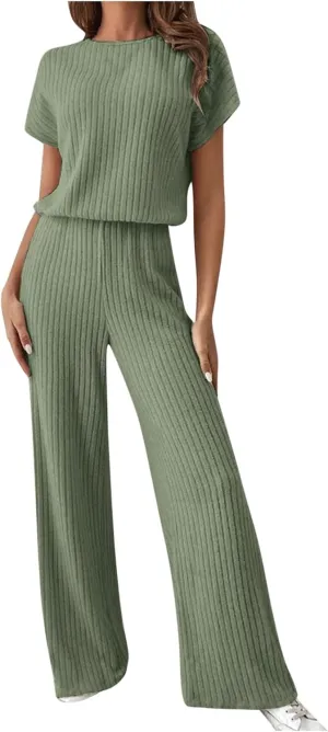 Womens Two Piece Outfits Lounge Sets Short Sleeve Tops Pants Matching Ribbed Knit Tracksuit Travel Clothes Sets 2025