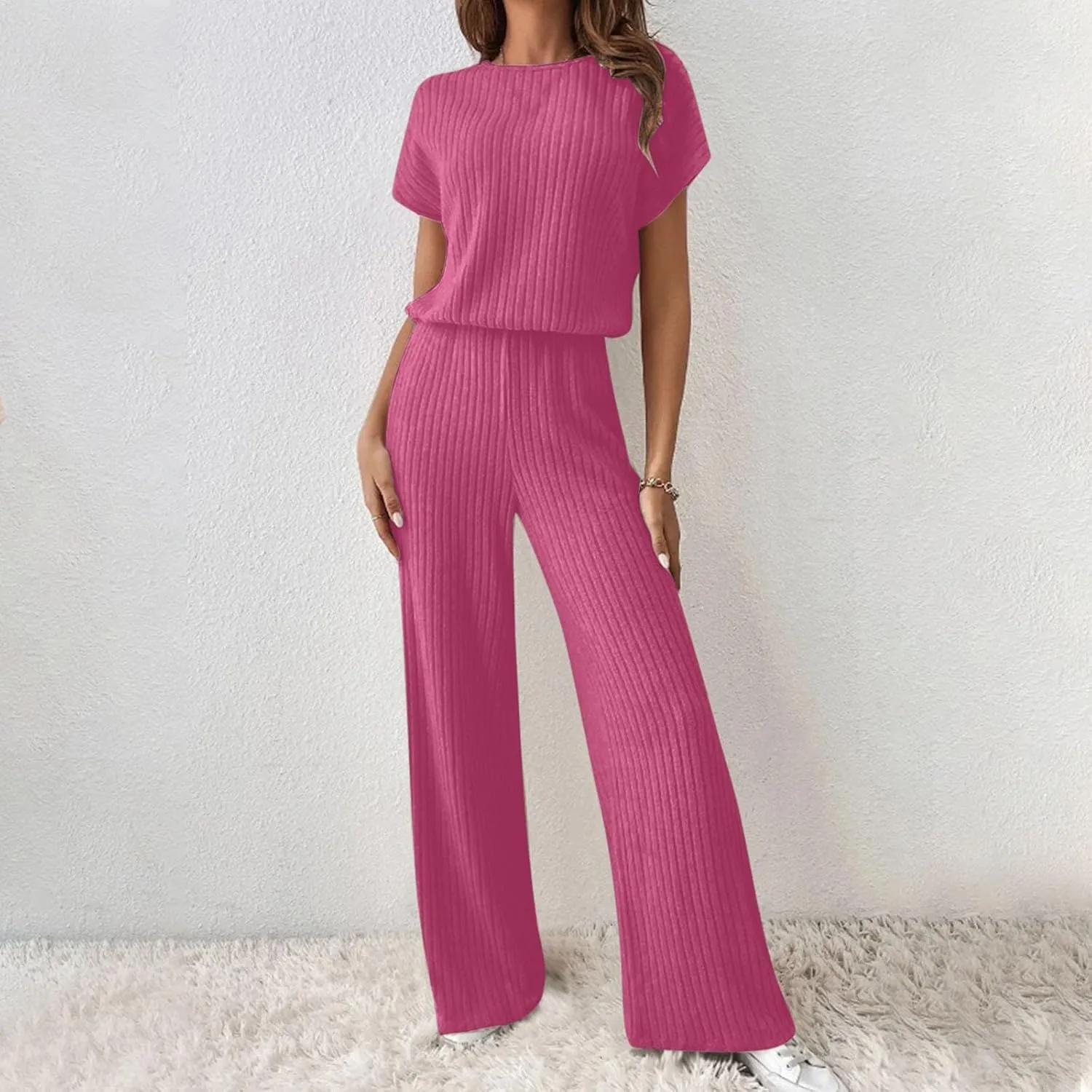 Womens Two Piece Outfits Lounge Sets Short Sleeve Tops Pants Matching Ribbed Knit Tracksuit Travel Clothes Sets 2025