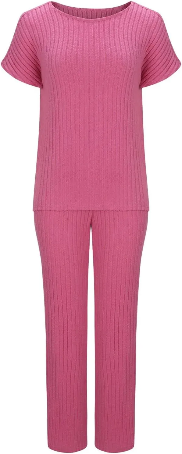 Womens Two Piece Outfits Lounge Sets Short Sleeve Tops Pants Matching Ribbed Knit Tracksuit Travel Clothes Sets 2025