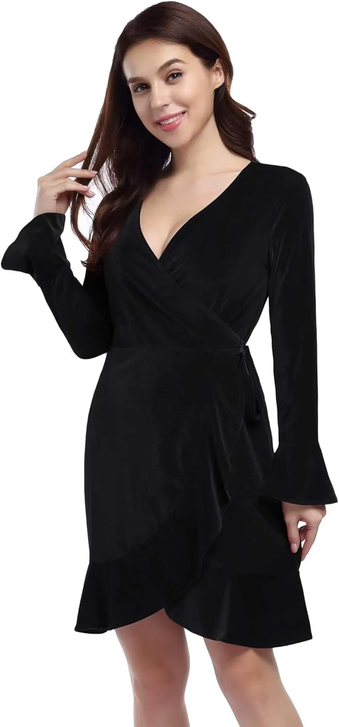 Women's V Neck Velvet Formal Elegant Evening Party Mini Dress