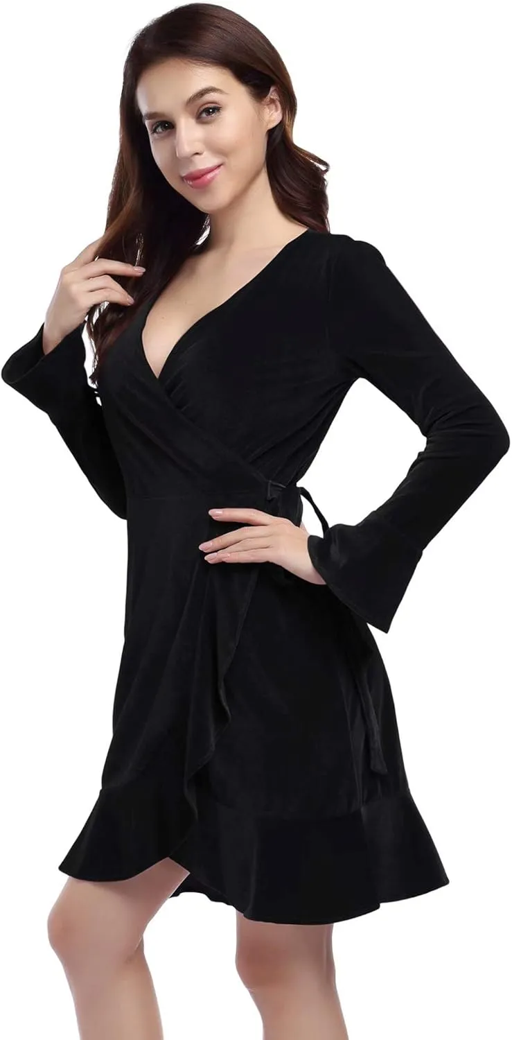 Women's V Neck Velvet Formal Elegant Evening Party Mini Dress