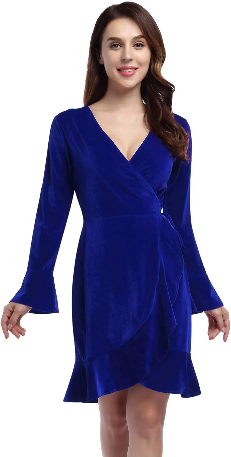 Women's V Neck Velvet Formal Elegant Evening Party Mini Dress